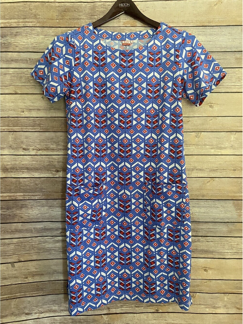 Persifor Dress Small Blue White Red Floral Geometric Short Sleeve Pockets